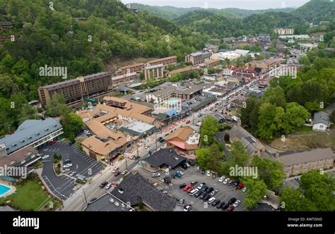aerial view  downtown gatlinburg tennessee usa  south