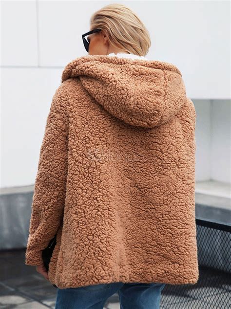 Faux Fur Coat Women Teddy Bear Coat Two Tone Hooded Winter Coat