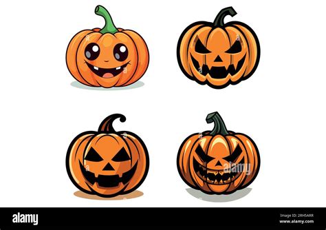 Cute Halloween Pumpkins Isolated On White Background Flat Style