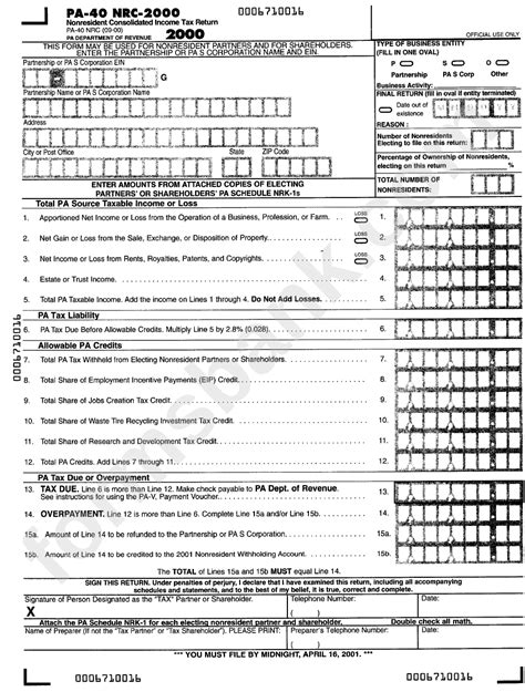 Form Pa Ncr Nonresident Consolidated Income Tax Return