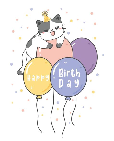 Cute Happy Birthday Kitty Cat On Pastel Party Balloons Cute Animal