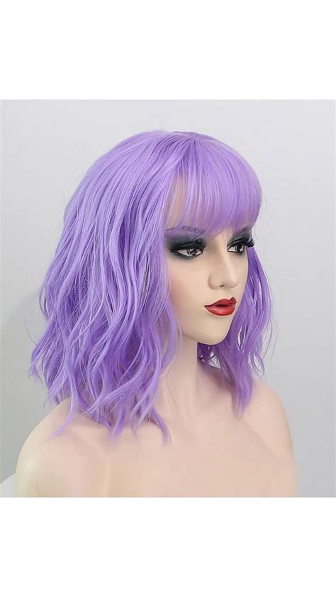 Amyqueen Short Purple Curly Wavy Bob Wigs For Women 12 Inch Shoulder Length Bob Wig With Bangs