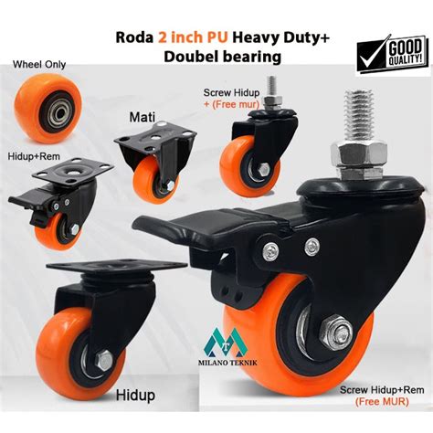 Jual Roda 2 Inchi PU Mati Hidup Rem Screw WO Heavy Duty Double