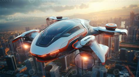 futuristic passenger drone flying above high building in city. modern ...