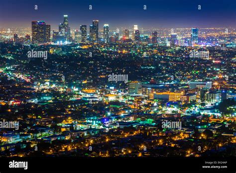 View of the downtown Los Angeles skyline at night, from Griffith Observatory, in Griffith Park ...