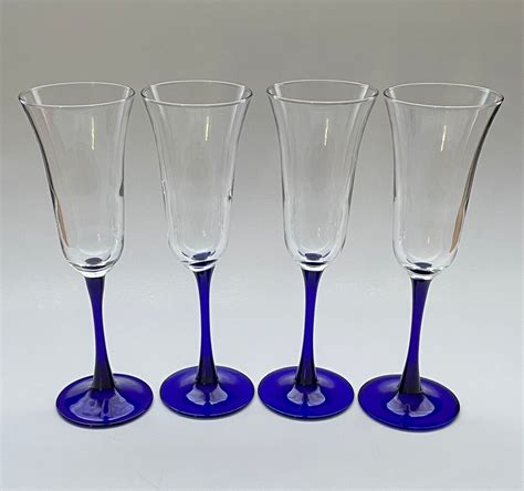 Set Of Luminarc France Cobalt Blue Stem Champagne Flutes Etsy