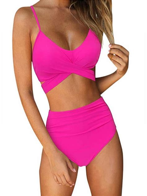 Women Criss Cross High Waisted String Floral Printed Piece Bathing Suits Wrap Bikini Set Push