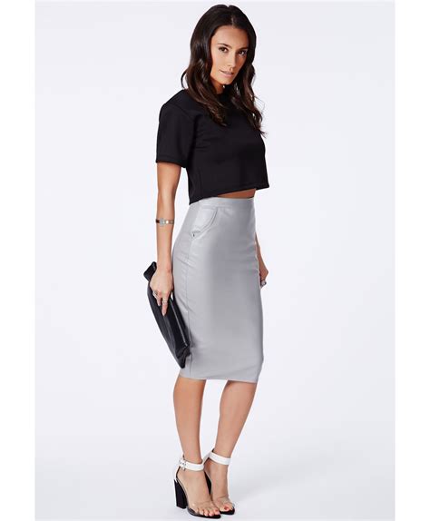 Lyst Missguided Mariota Grey Faux Leather Pencil Skirt In Gray