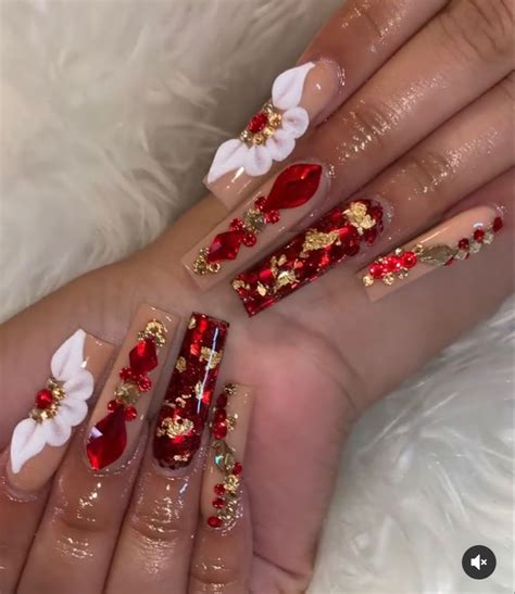 Red Luxury Long Acrylic Nails Gold Acrylic Nails Long Square Acrylic