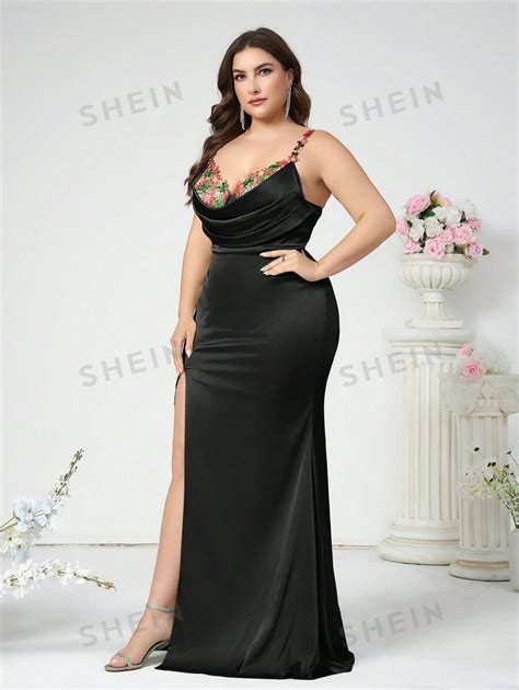 Shein Belle Plus Size Colorful Flower Off Shoulder High Slit Fish Tail