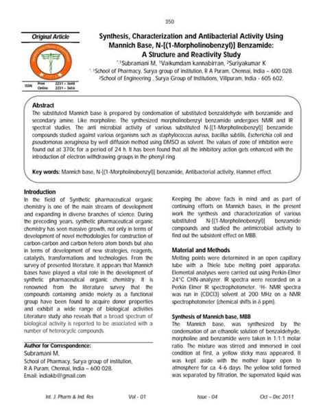 Synthesis Characterization And Antibacterial Activity Using Mannich