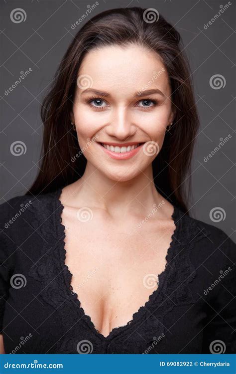 Close Up Portrait Of Elegant Brunette Woman With Nude Make Up Stock