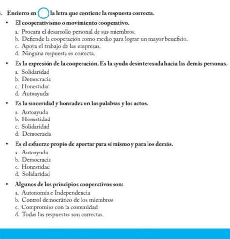 Encierro Círculo La Letra Que Contiene La Respuesta Correcta El Cooperativismo O Movimiento