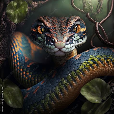 Deadly colorful snake looking into the camera. Exotic snake look at you ...