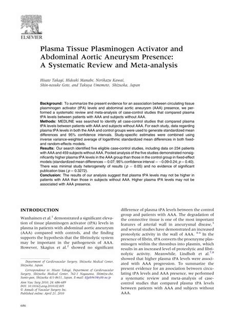 Pdf Plasma Tissue Plasminogen Activator And Abdominal Aortic Aneurysm