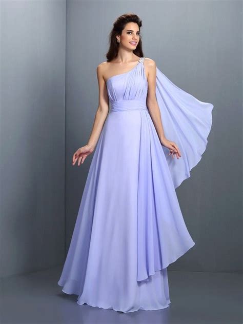 A Line Princess One Shoulder Pleats Sleeveless Long Chiffon Bridesmaid