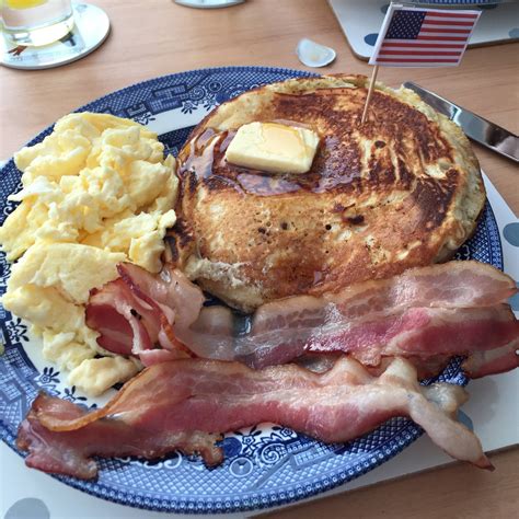 American Style Pancakes Bacon Not Crispy Enough Scrambled Eggs And Maple Syrup Uk