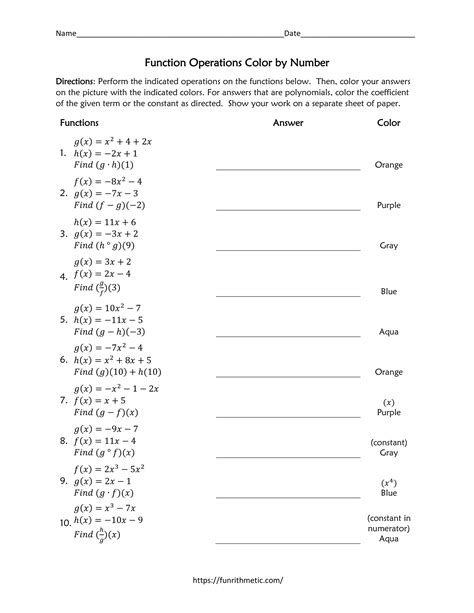 Composite Function Operations Color By Number Funrithmetic