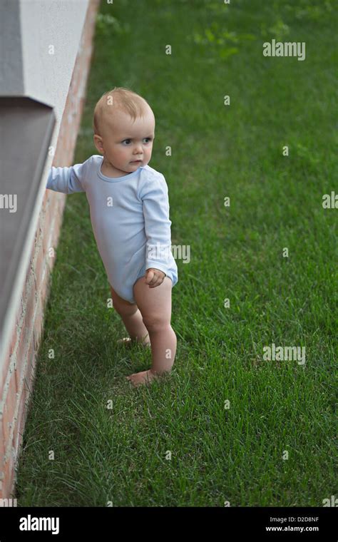 Baby In Garden Leaning Against Wall Stock Photo Alamy