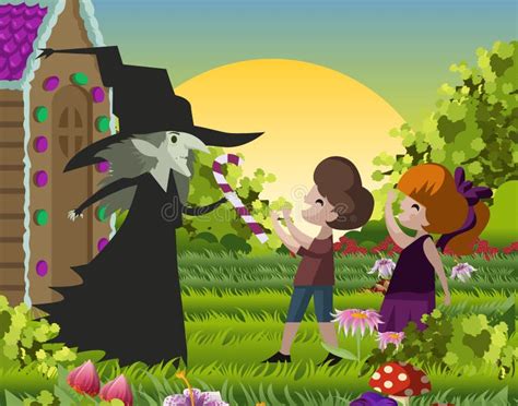 Hansel Y Gretel Y La Bruja Malvada Con Un Caramelo Ilustración del