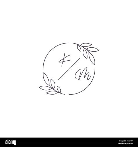 Initials KM Monogram Wedding Logo With Simple Leaf Outline And Circle