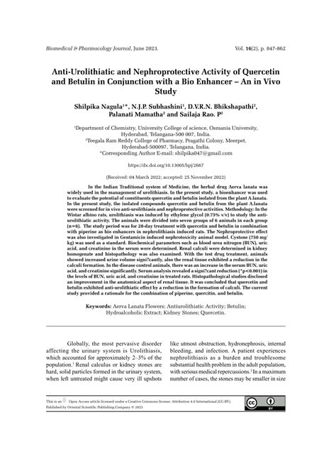 Pdf Anti Urolithiatic And Nephroprotective Activity Of Quercetin And