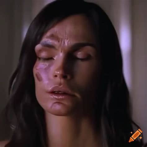 Bruised Woman Fighter With Closed Eyes And Raised Eyebrows In A Movie