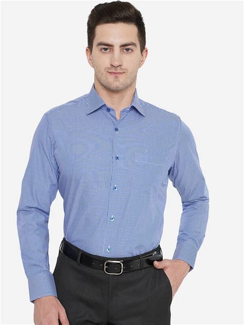 Buy Metal Men Blue Classic Slim Fit Striped Cotton Formal Shirt