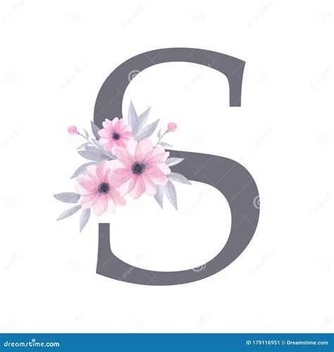 English Alphabet Letter S Monogram With Watercolor Floral Design Pink Flowers Grey Leaves