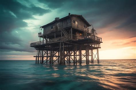 Una Casa Sobre El Agua Con Un Cielo Nublado Al Fondo Foto Premium