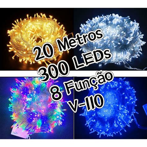 LUZ NATALINA 300LEDS 20M PISCA 8 FUNÇÕES 127V FIO TRANSPARENTE OU VERDE