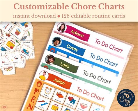 Chore Chart for Kids With Picture & Editable Chore Cards, Printable ...