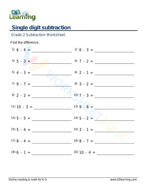 Worksheet 1 Digit Subtraction Worksheet