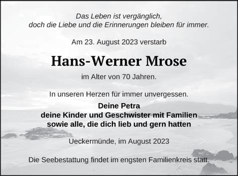 Traueranzeigen Von Hans Werner Mrose Trauer Nordkurier