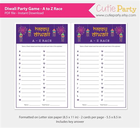 Diwali A-Z Diwali Party Game Indian Party Game Diwali Word | Etsy