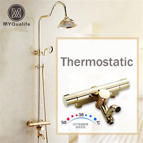 Newly Golden Thermostatic Shower Faucet Set Dual Handle Temperature ...