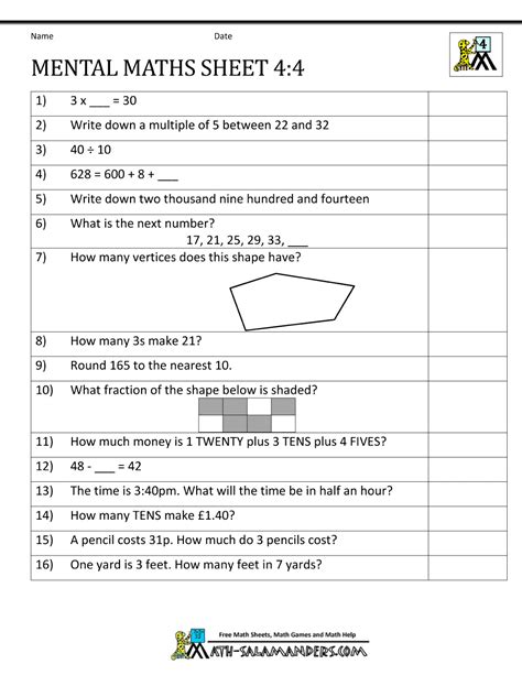 Mental Maths Test Year 4 Worksheets