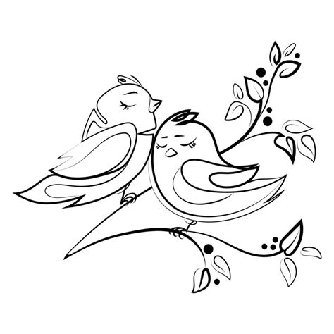 Couple Of Love Birds On A Branch With Leaves Line Art Drawing Vector Illustration Two Cute Birds