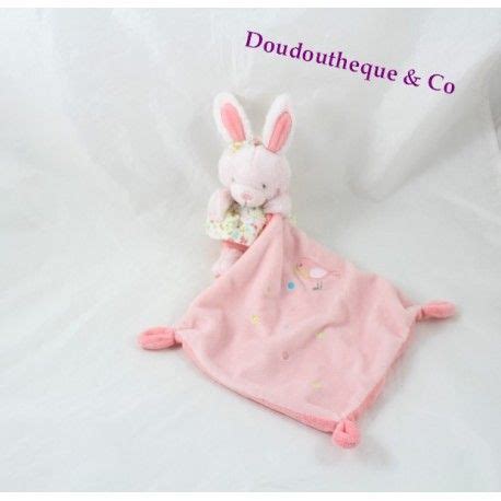 Doudou Mouchoir Lapin Tex Baby Rose Saumon Robe Fleuris Oiseau Cm