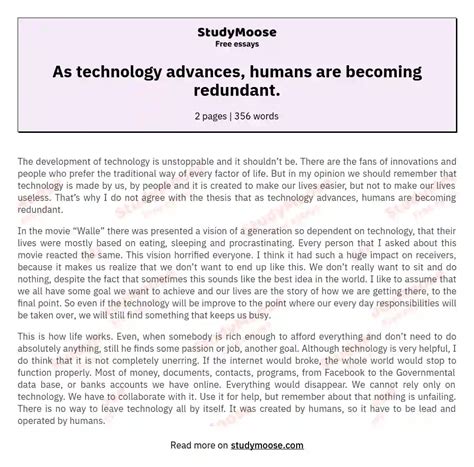 As Technology Advances Humans Are Becoming Redundant Free Essay Example