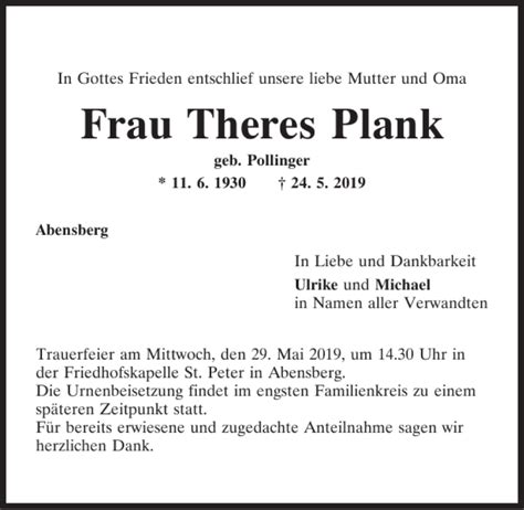 Traueranzeigen Von Therese Plank Mittelbayerische Trauer