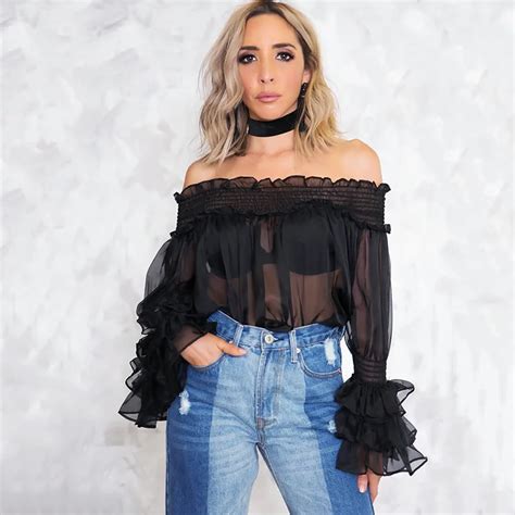 Off Shoulder Slash Neck Full Sleeve Chiffon Tops 2017 Autumn Women Sexy