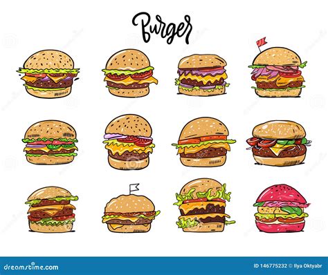 Hamburguesas Fijadas Ilustraci N Drenada Mano Del Vector Estilo De La