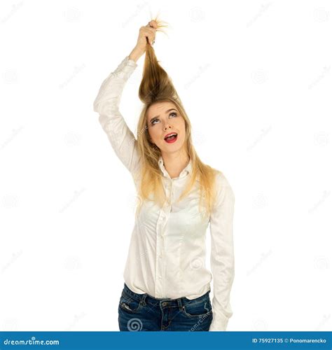 Woman Holding Her Hair With Hands Stock Image Image Of Posing Shirt