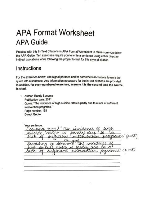 APA Format Worksheet Ten Exercises Require You To Write A Sentence