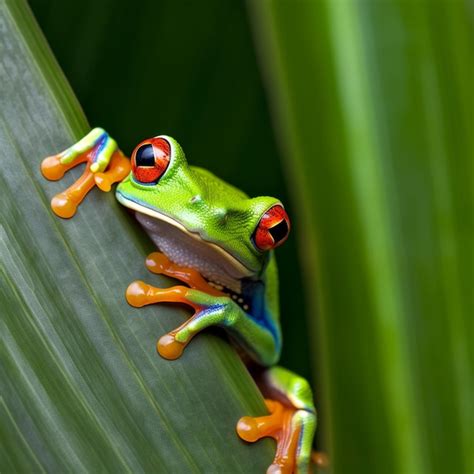 Premium AI Image | A green frog with red eyes is sitting on a leaf.