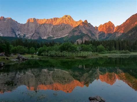 Mangart Morning Sunrise View Of Superior Fusine Lake Laghi Di Fusine