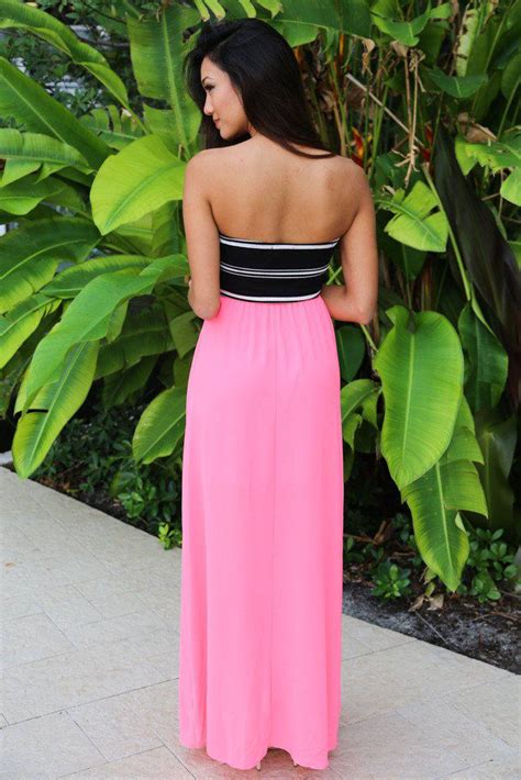 Neon Pink Maxi Dress With Striped Top Strapless Dress Saved By The