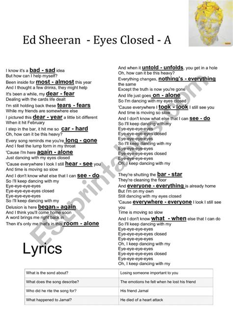 Ed Sheeran Eyes Closed Esl Worksheet By Psrates