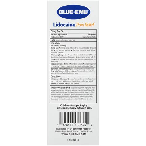 Blue Emu Lidocaine Numbing Pain Relief Cream 2 7 Oz Blue Emu